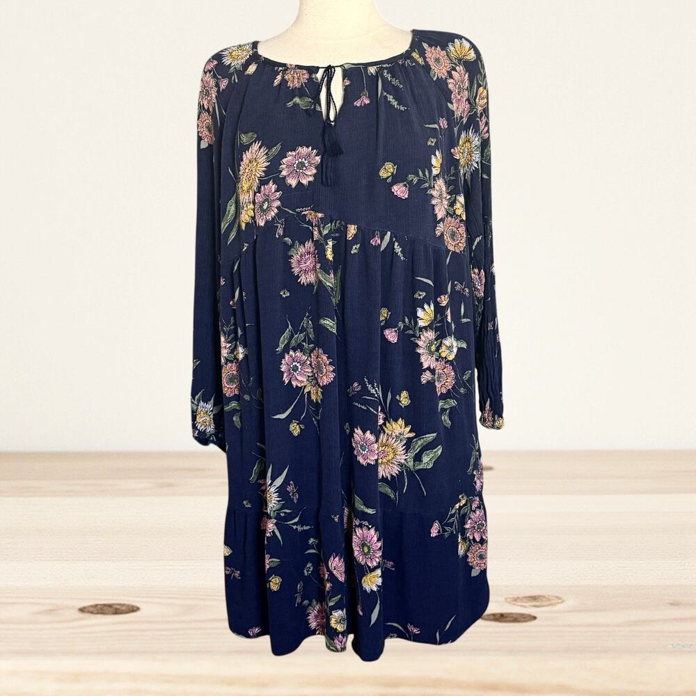 Old Navy Blue Floral Tiered Midi Dress XL Long Sleeve Boho Peasant Cottagecore